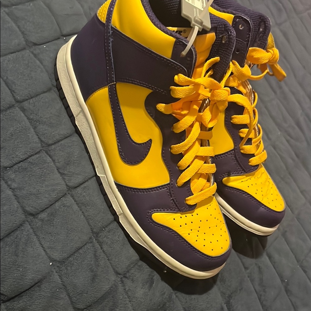 Yellow and Purple High-Top NIKE Dunks worn twice grade school 6.5